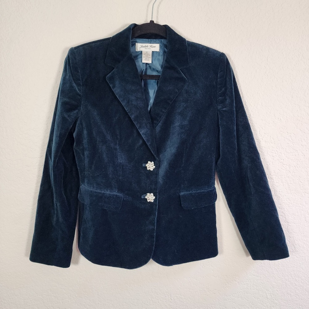 Judith Hart Blue Velvet Jacket Rhinestone Buttons Blazer 6P Petite Old Money